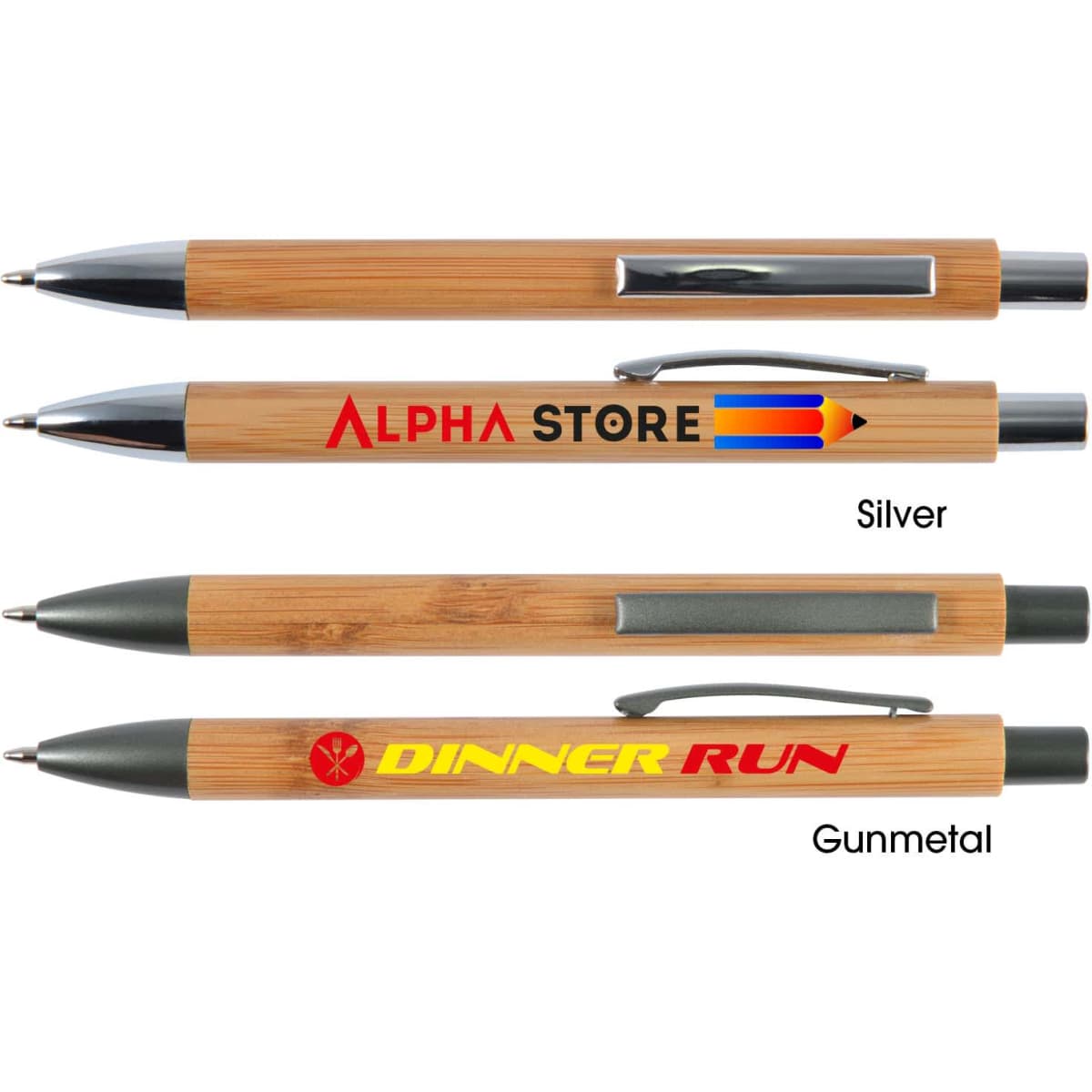 A collection of bamboo pens in silver and gunmetal colors, featuring various logos.