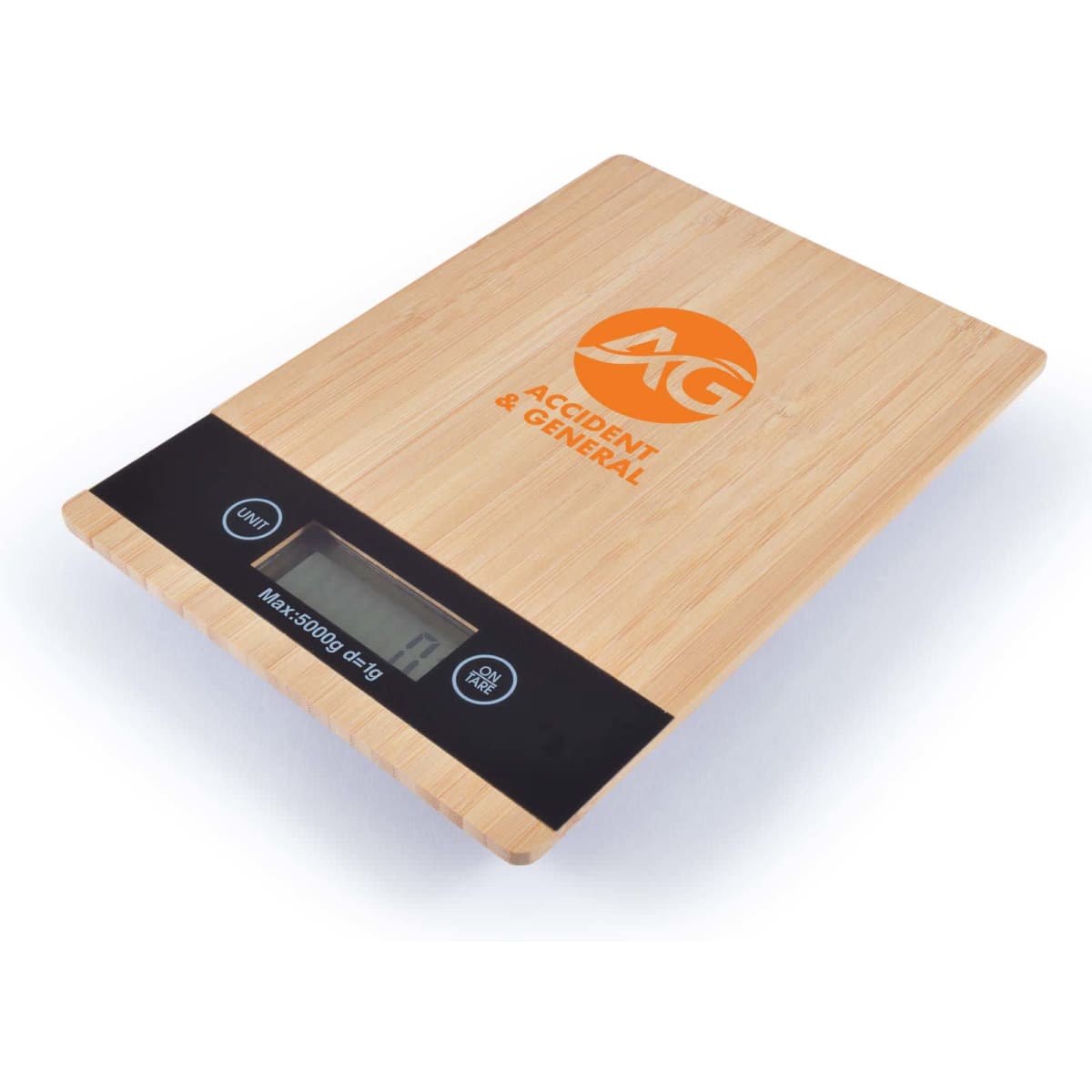 A wooden kitchen scale with a digital display and the logo "AG Accident & General" prominently featured on the surface.