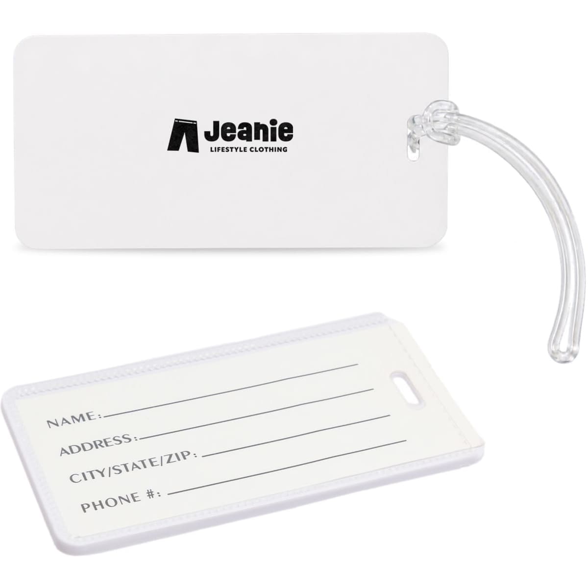 A white luggage tag featuring a clear loop attachment, with spaces for personal information and a logo on one side.