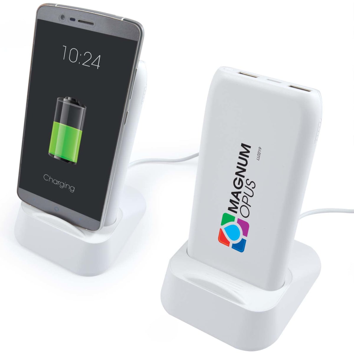 A white wireless power bank and charging station with a smartphone on a stand, displaying a charging battery icon.