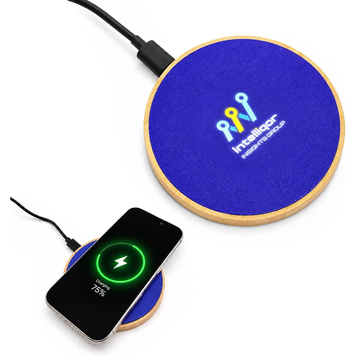 A round wireless charger in blue with a wood base, featuring a logo and a smartphone charging.