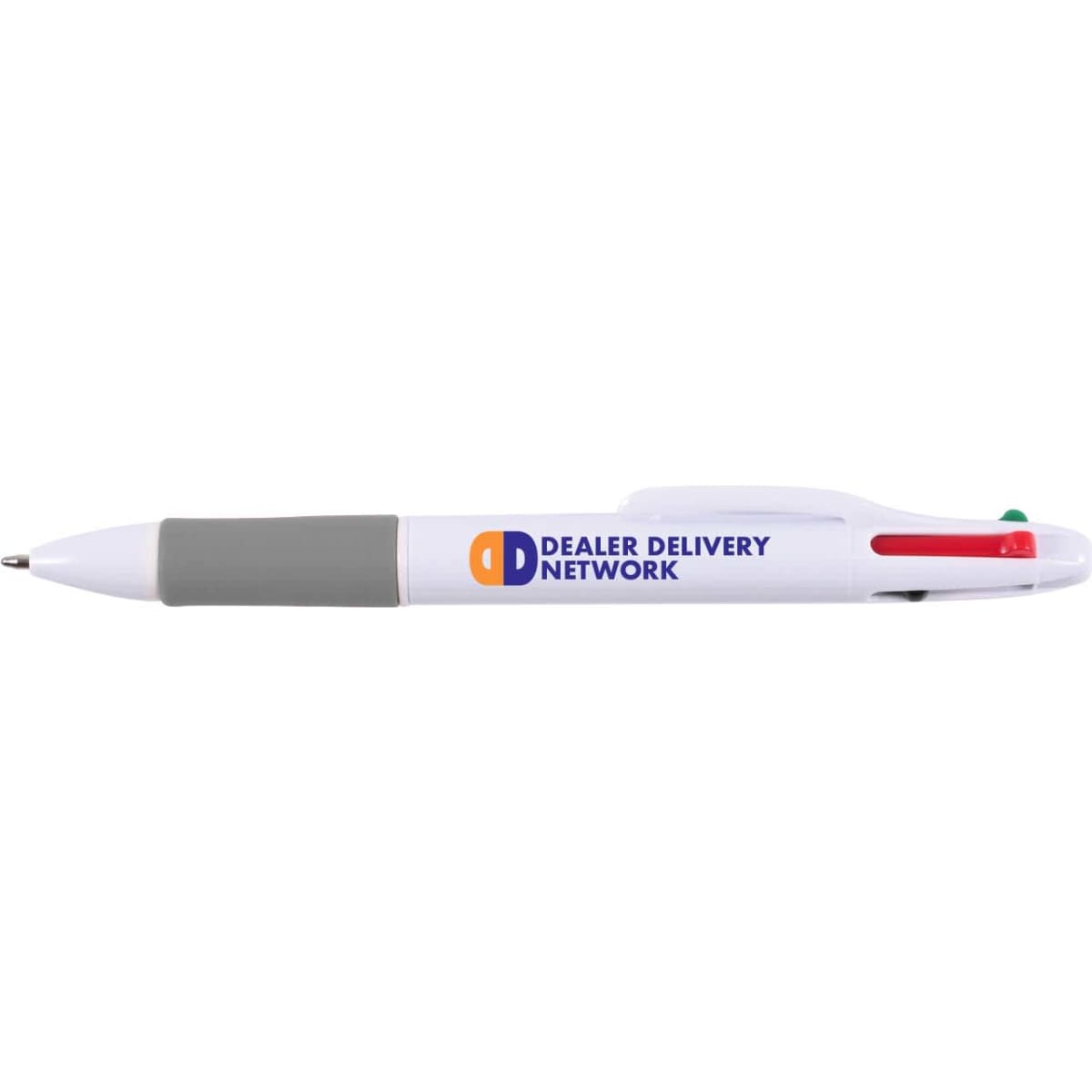 A plastic pen in white with gray grip and three ink colors: red, blue, and green. Features a logo.