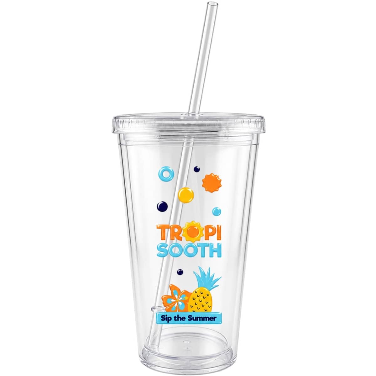 A clear tumbler with a straw, featuring a vibrant design with fruit graphics and a logo.