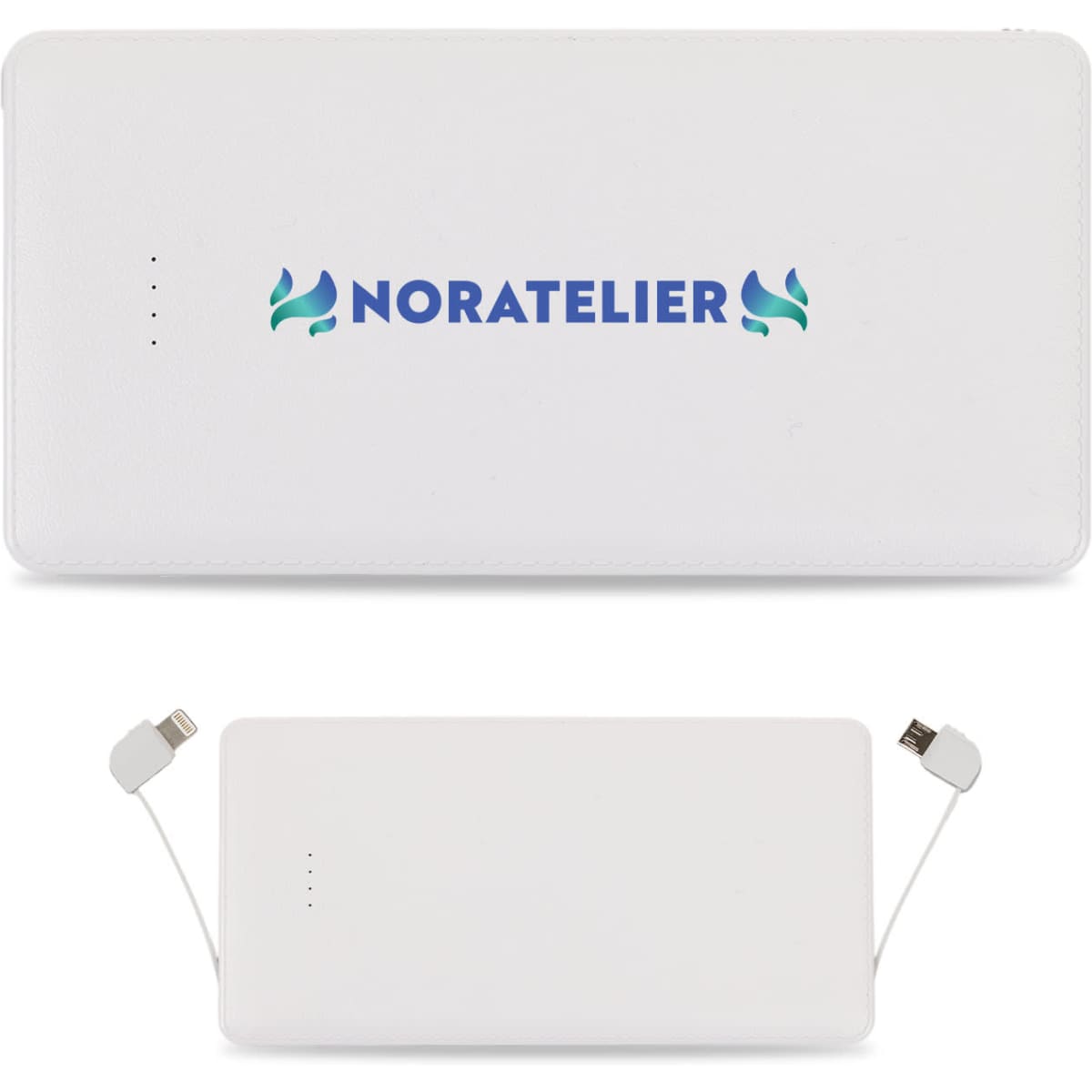 A white power bank featuring integrated charging cables and a logo on the surface.