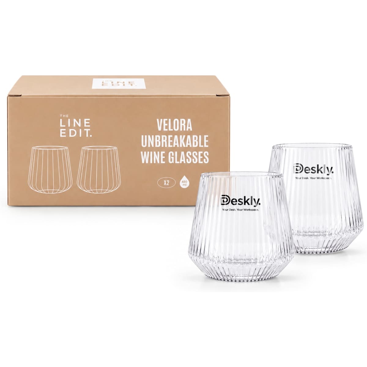 A drink set featuring two unbreakable wine glasses in a boxed set with a brand logo. The glasses are clear and textured.