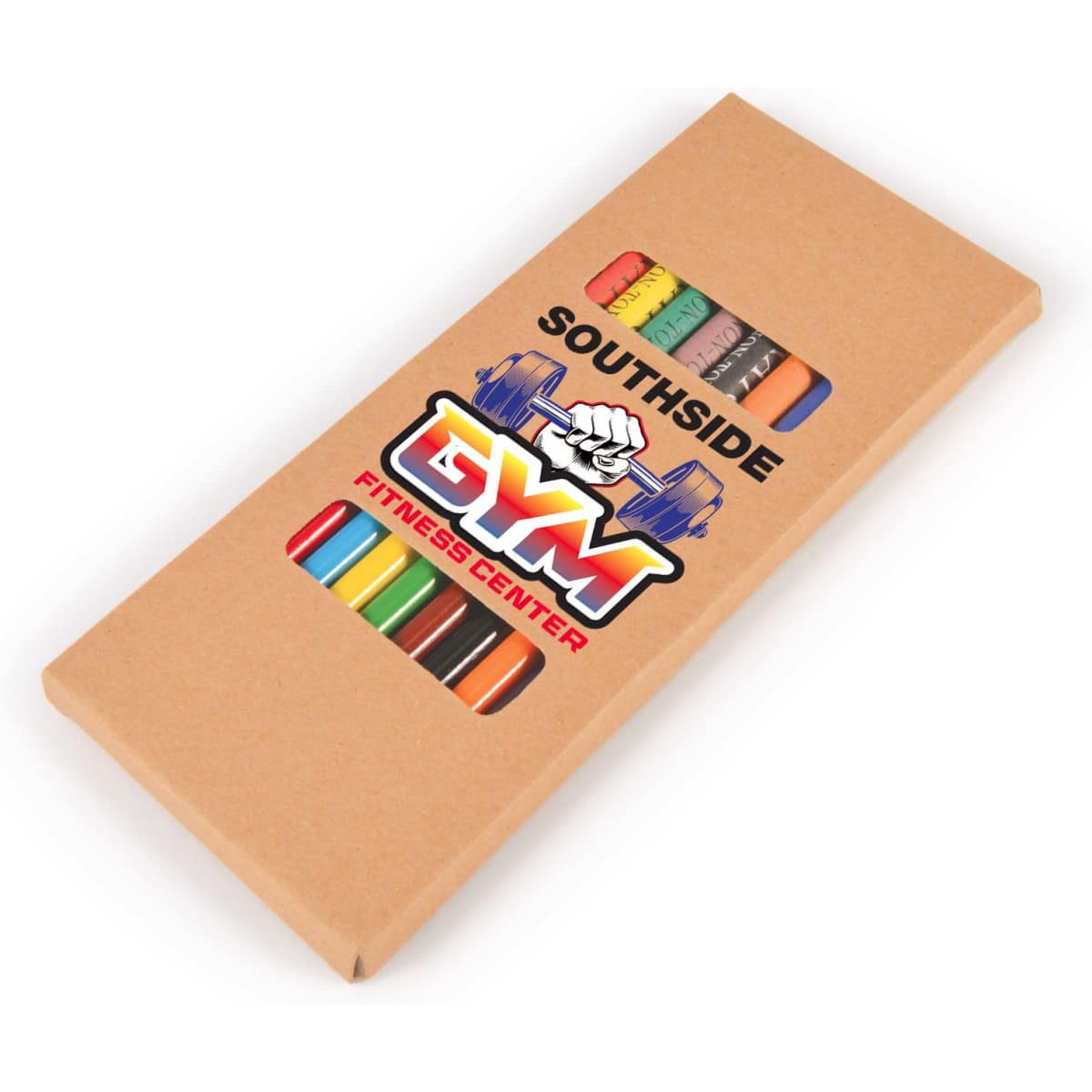 A pencil and crayon set in a cardboard box, featuring various colors including red, blue, orange, and green, with branding.