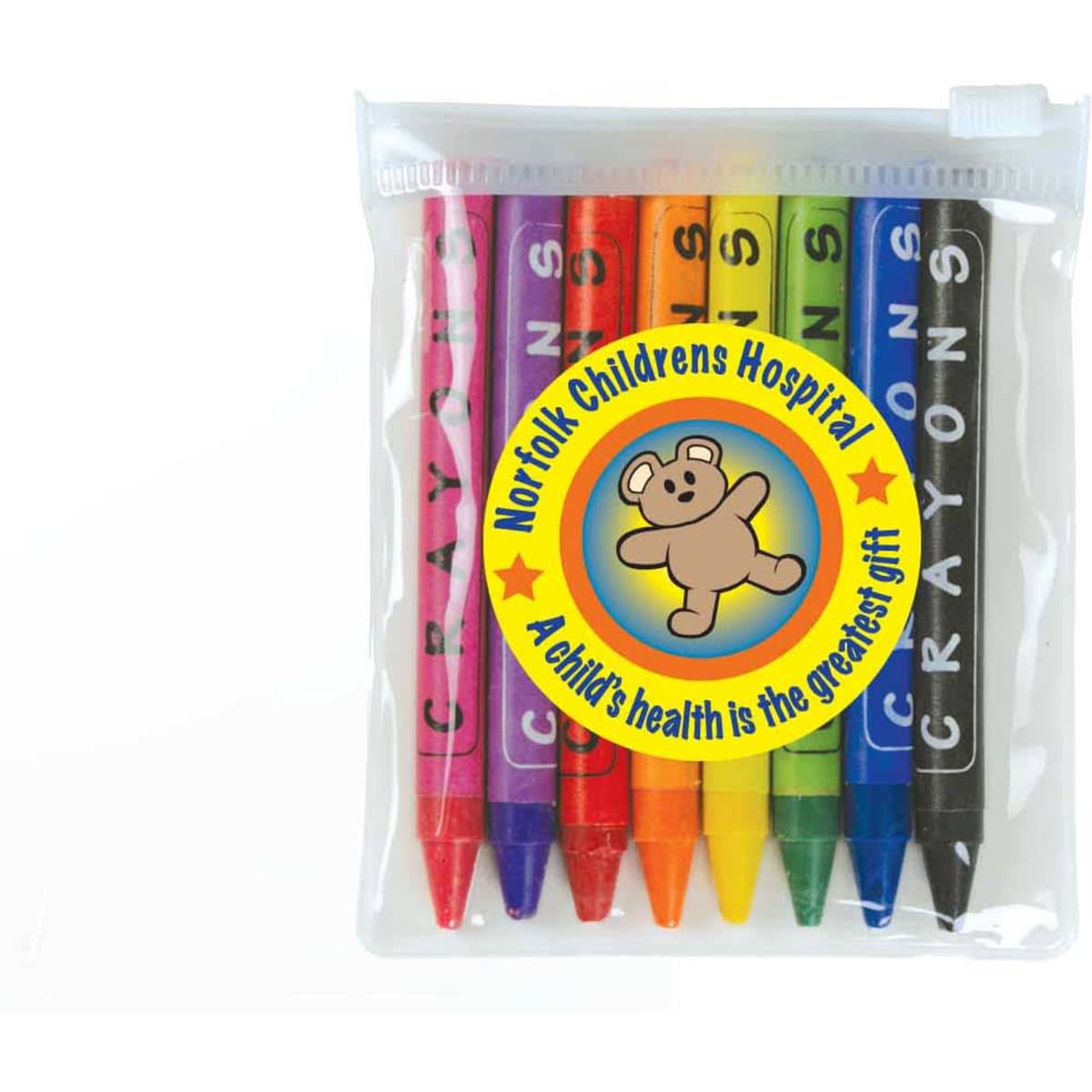 A PVC zipper pouch containing six coloured crayons in various vibrant colors, featuring a logo on the front.