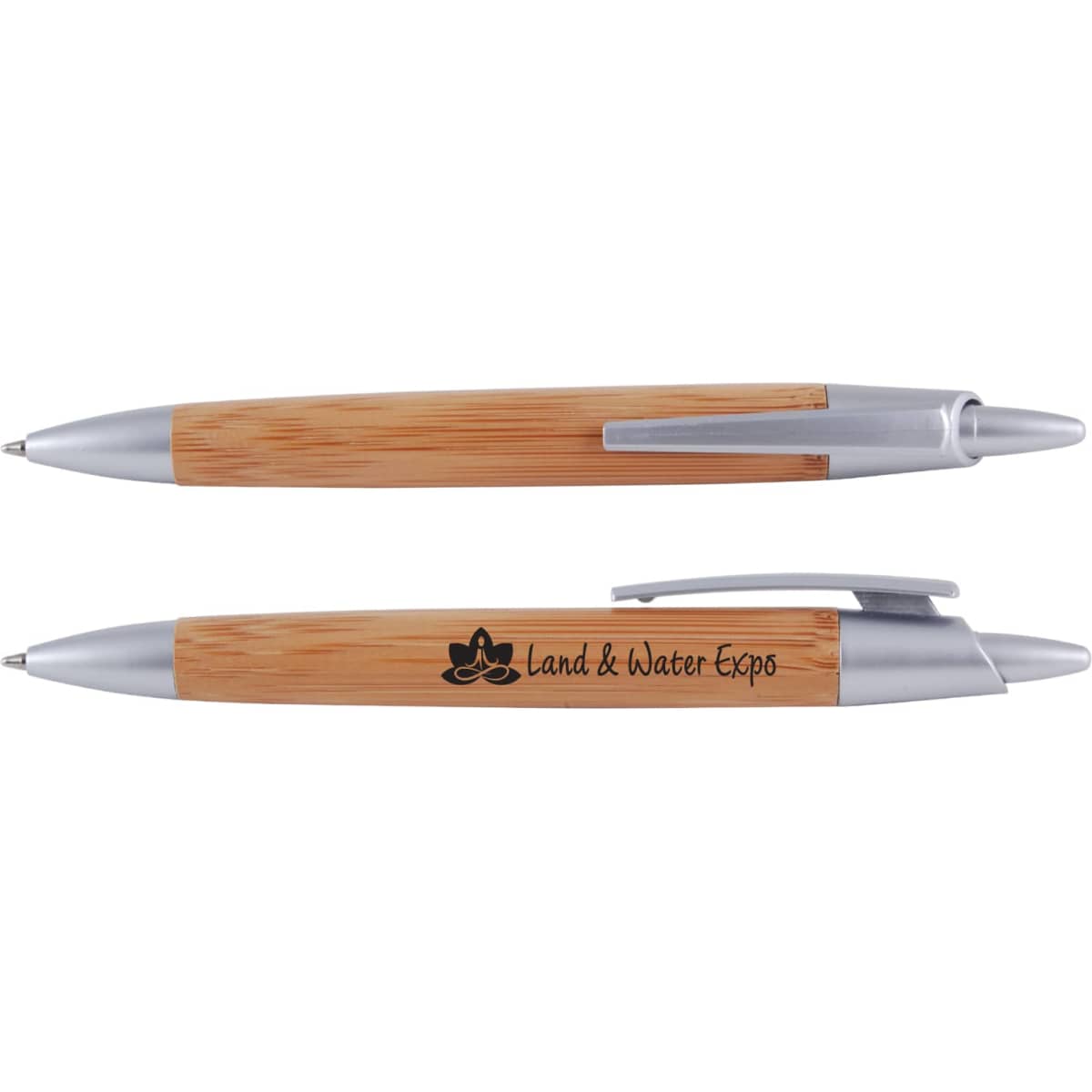A bamboo pen with silver accents, featuring a branding logo on one side.