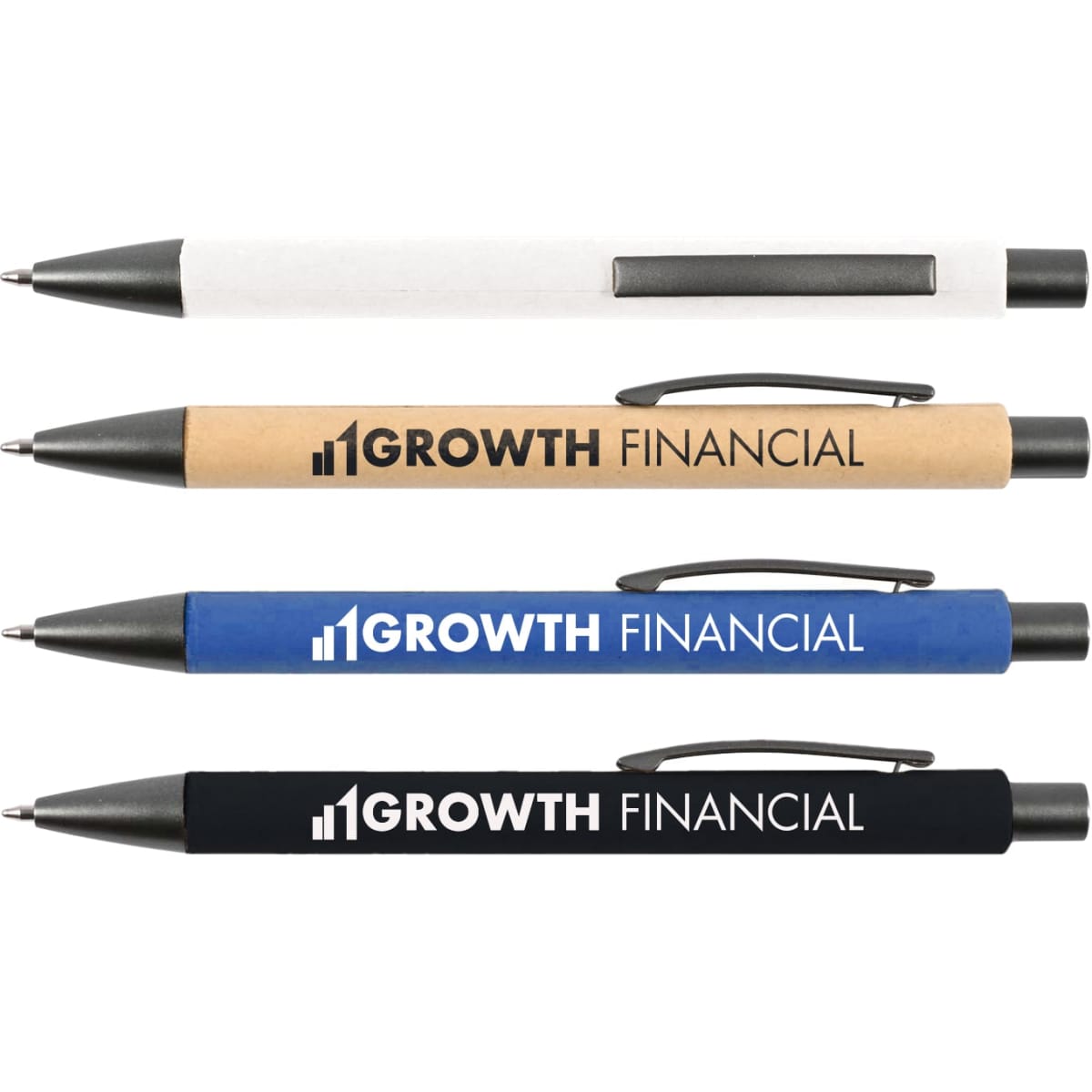 A set of four Aspen Paper Pens in white, kraft, blue, and black, each with a logo.
