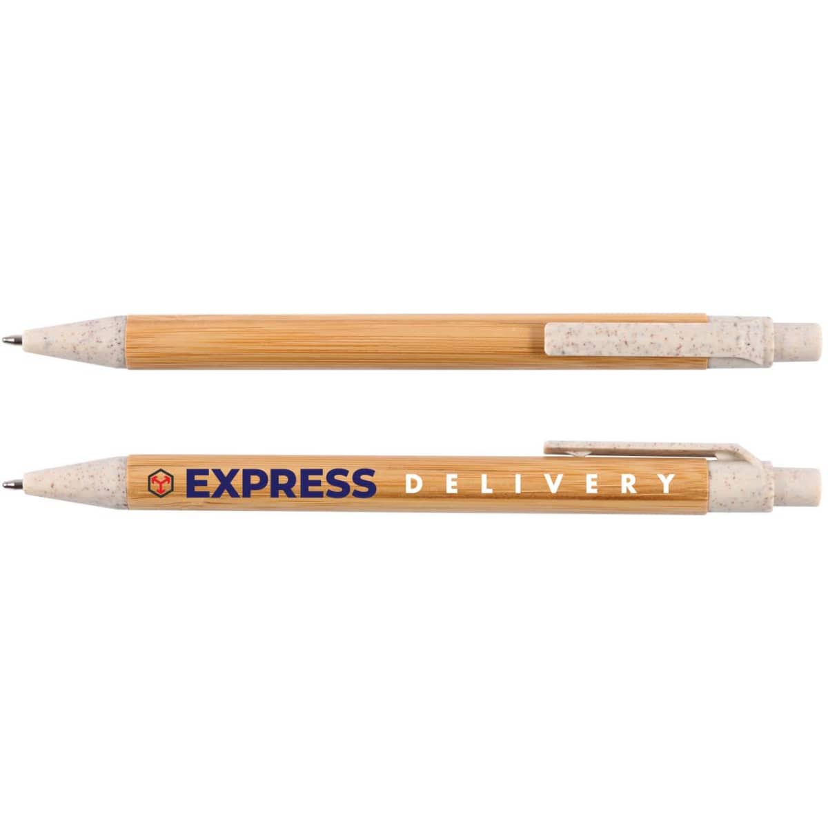A bamboo pen featuring a natural wooden finish with a light-colored grip, includes a branding logo.