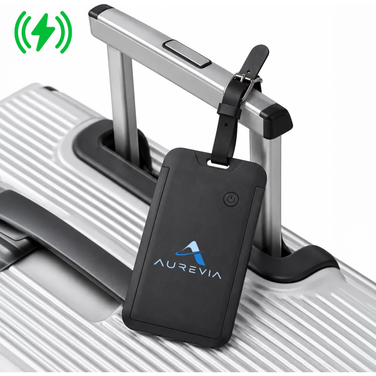 A black luggage tag tracker attached to a silver suitcase handle. The tag features a logo.