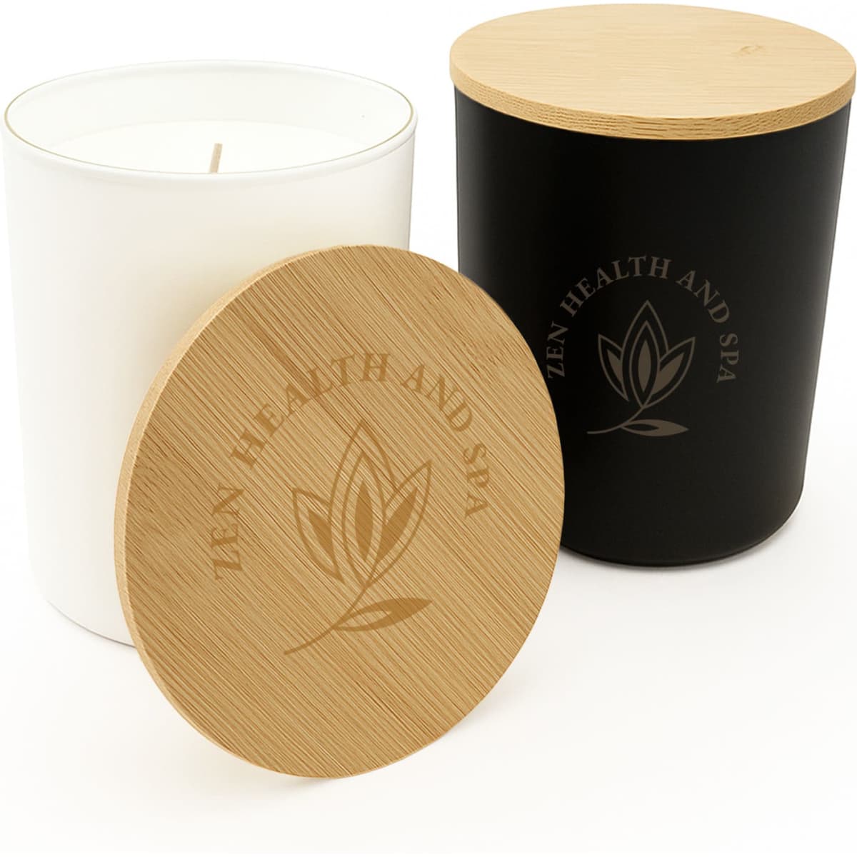 A large glass candle in black with a wooden lid, featuring an engraved logo design. The candle itself is white.
