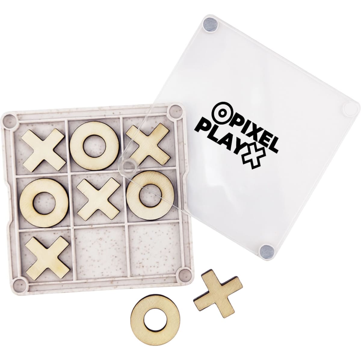 A Noughts & Crosses coaster set with a transparent case, featuring wooden X and O pieces in a grid layout.
