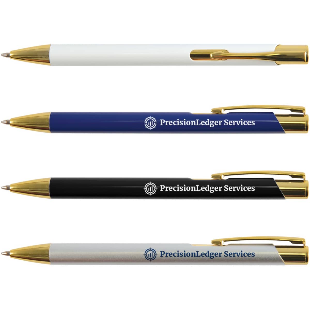 A collection of metal pens in white, blue, black, and silver, each featuring gold trim and a logo.