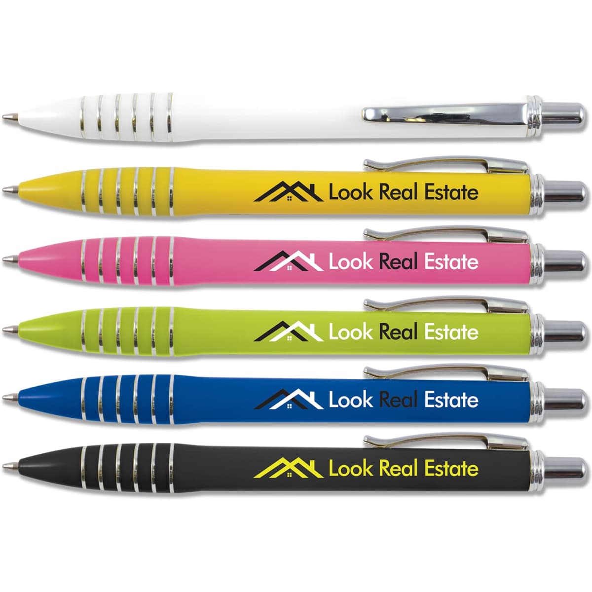 A collection of plastic pens in white, yellow, pink, blue, and black, each featuring a logo.