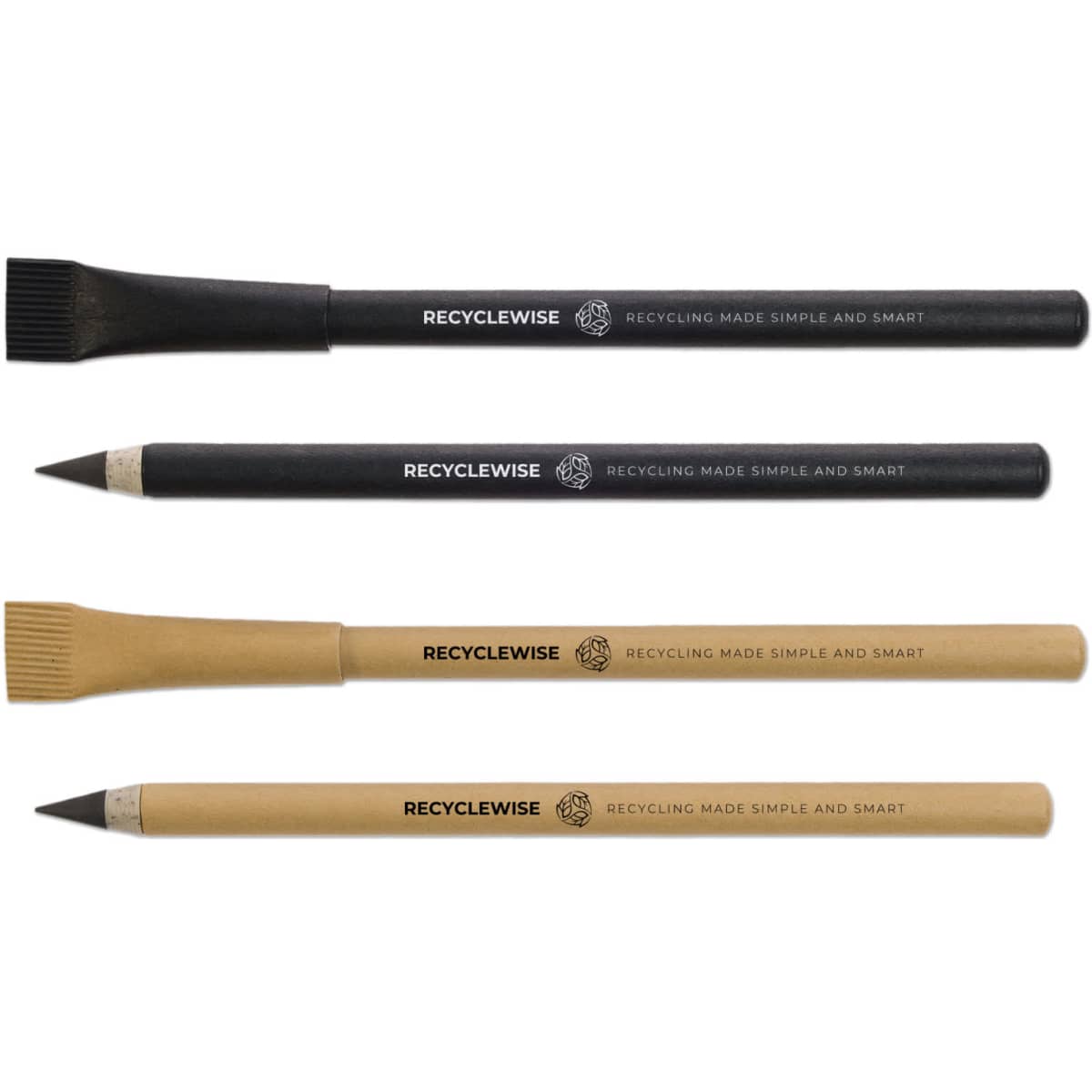 A set of four inkless pens in black, grey, and natural kraft colours, featuring a logo on each.