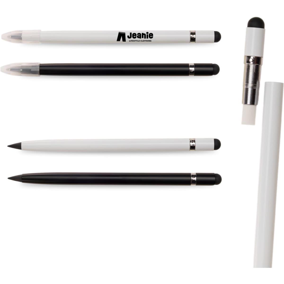 A set of inkless pens in black and white, featuring a logo and a sleek metal design.