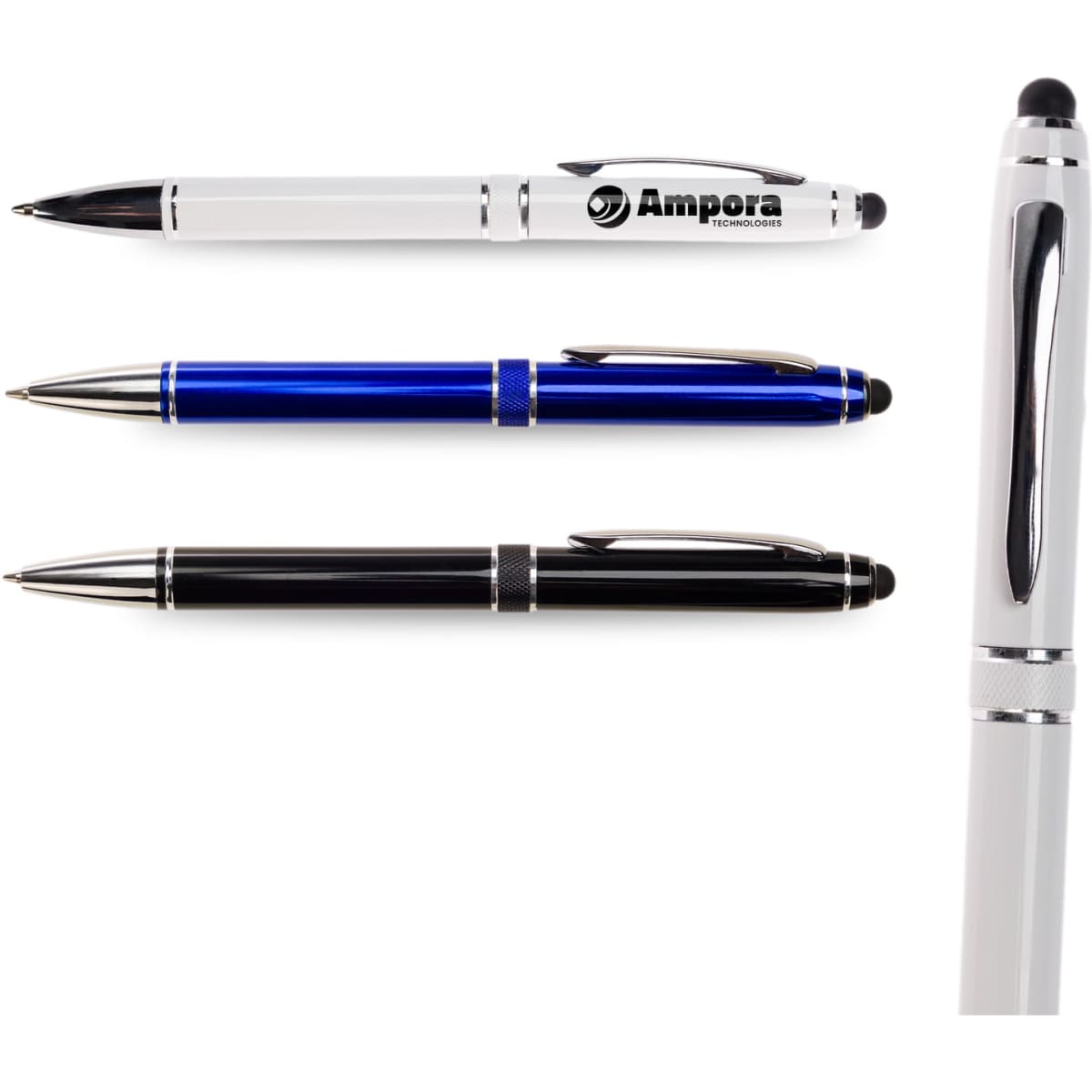 A collection of three metal pens in white, blue, and black, featuring a logo on one pen.