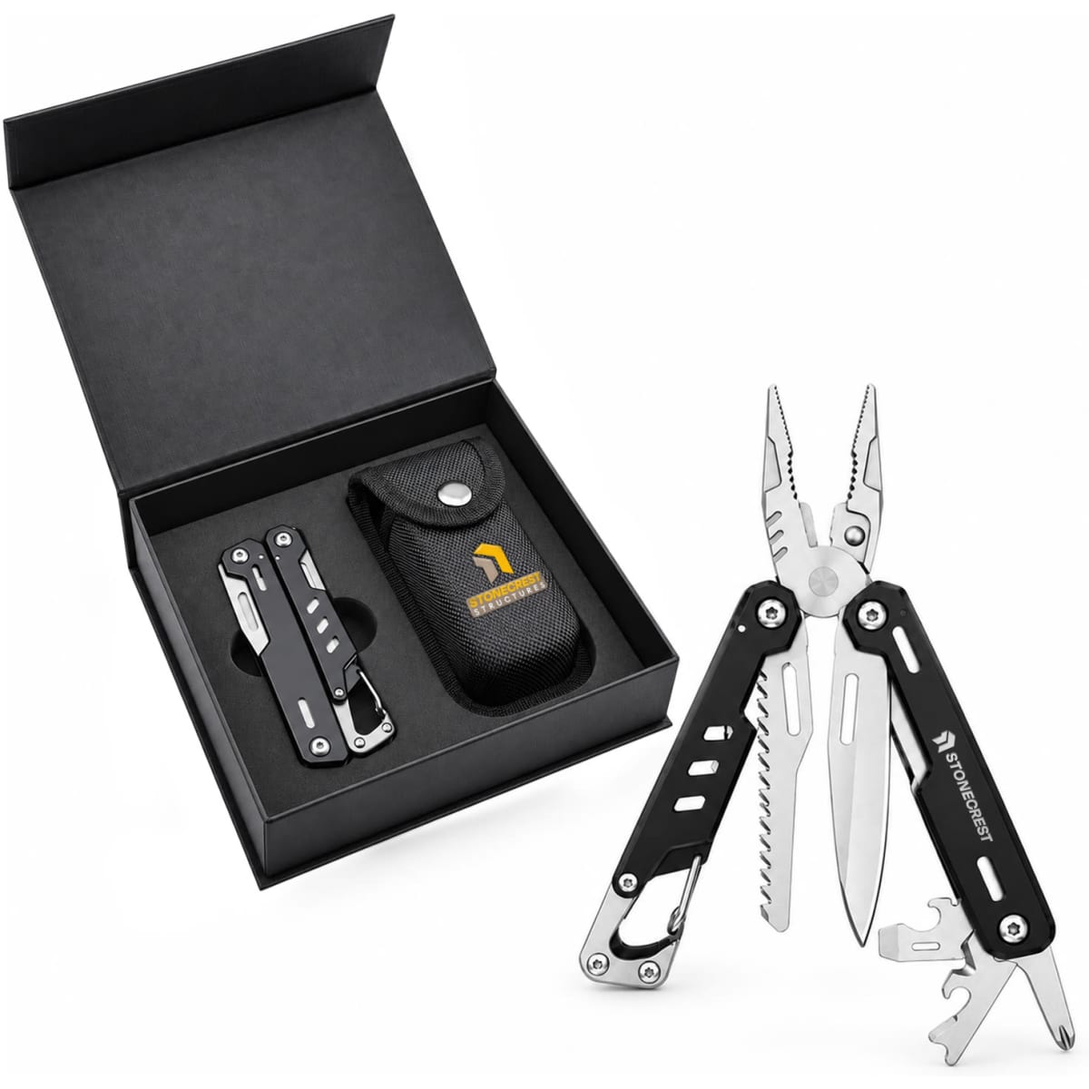 A black multi-tool with pliers and various tools, presented in a box with a pouch. Features a logo on the pouch.