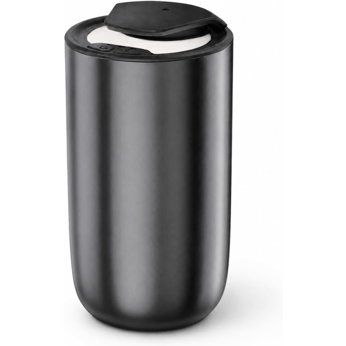 A sleek black diffuser with a lid, featuring a simple design and a logo on the side.