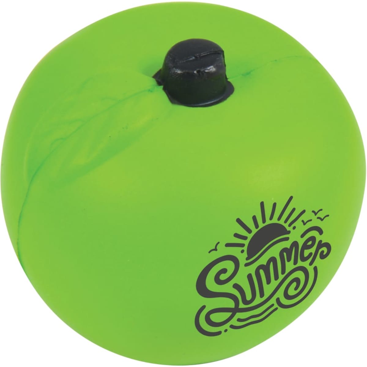 A bright green apple-shaped stress reliever with a printed design featuring a sun and wave motif.