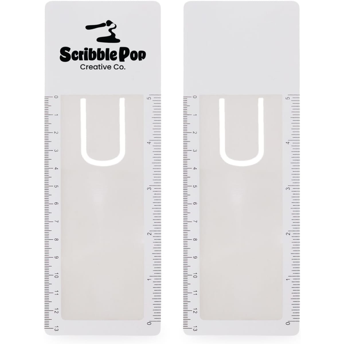 A translucent white bookmark magnifier ruler with a logo, featuring measurement markings on one side.