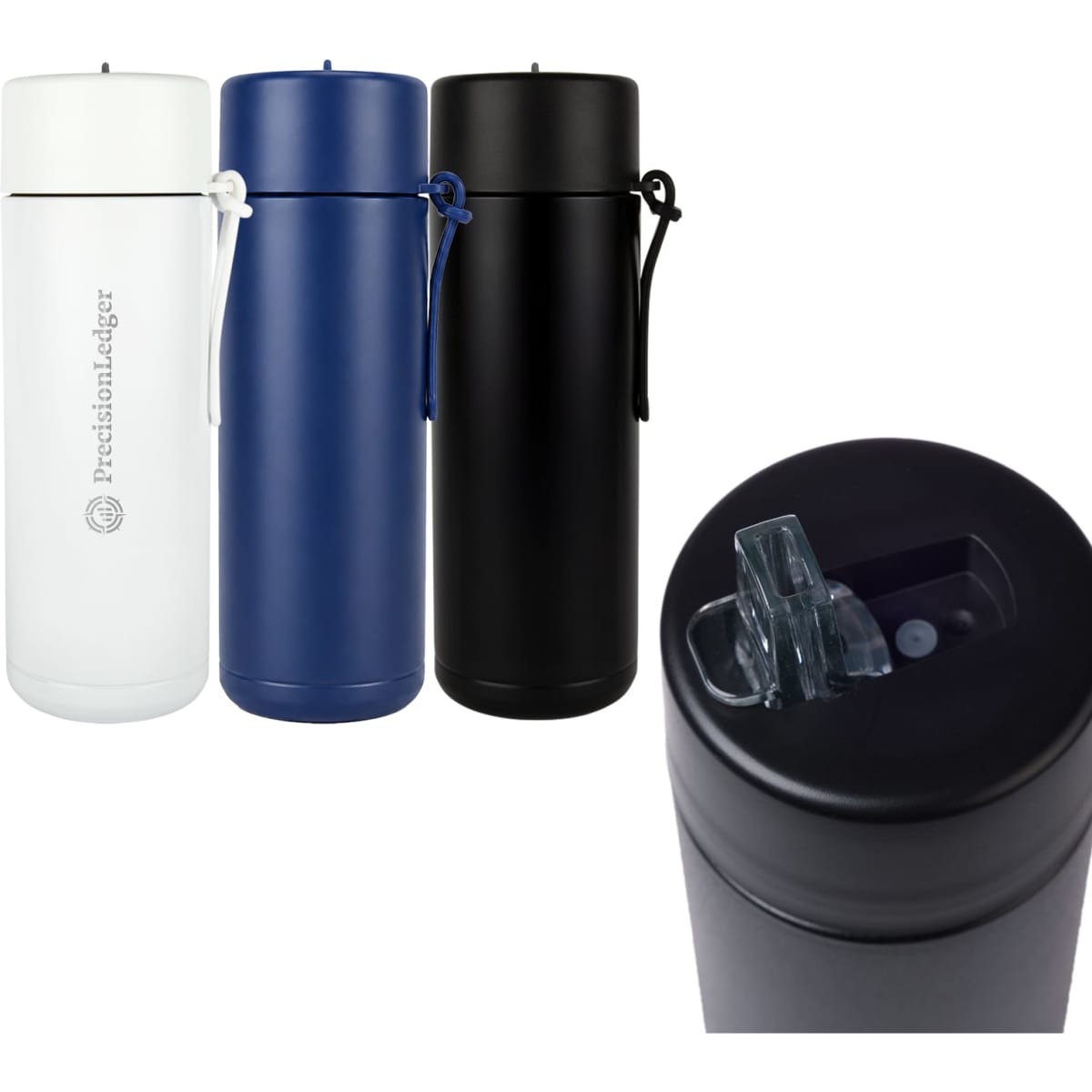 A drink bottle featuring three colours: white, navy blue, and black, with a spout and a carry strap.