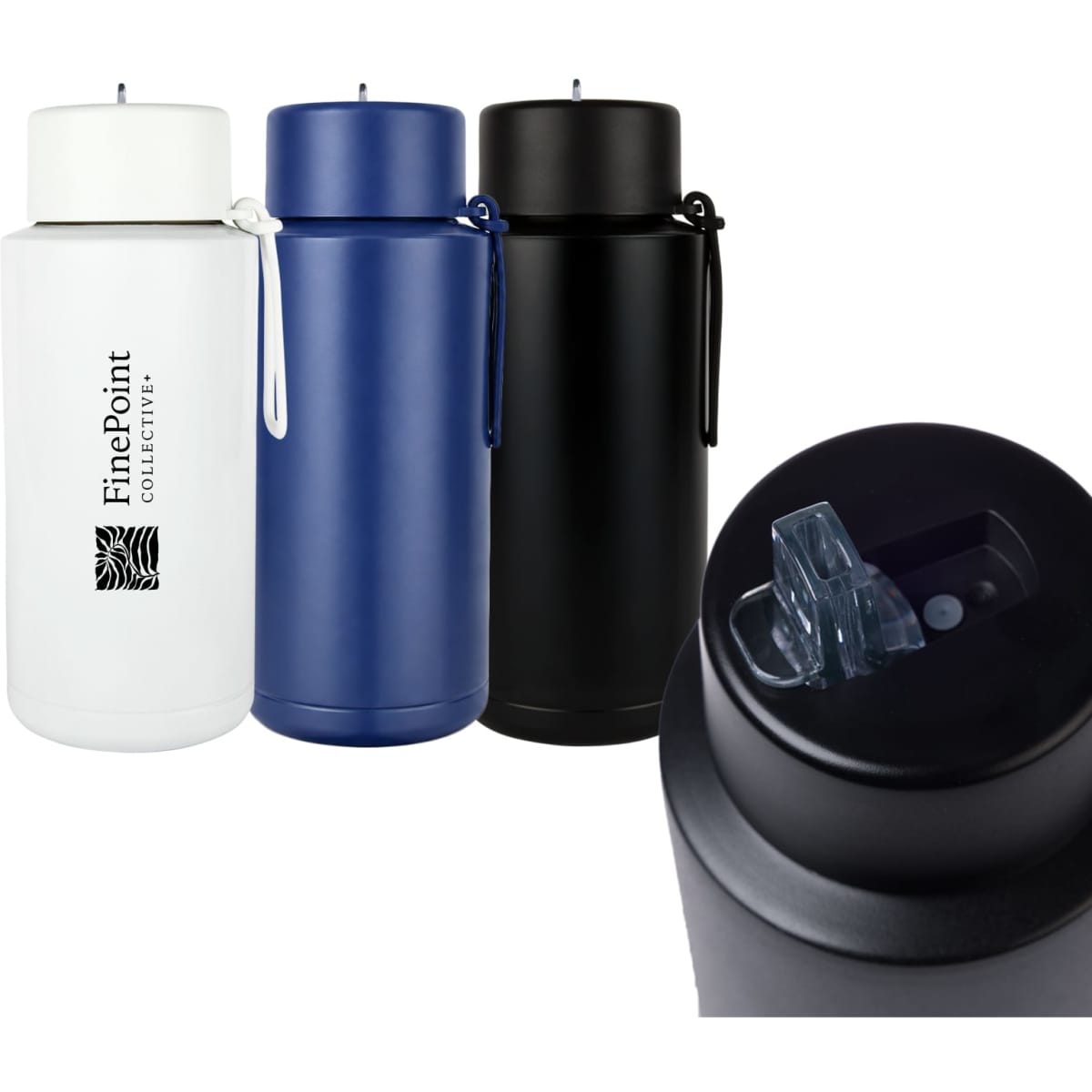 A drink bottle in three colours: white, navy, and black, featuring a carry handle and a secure lid.