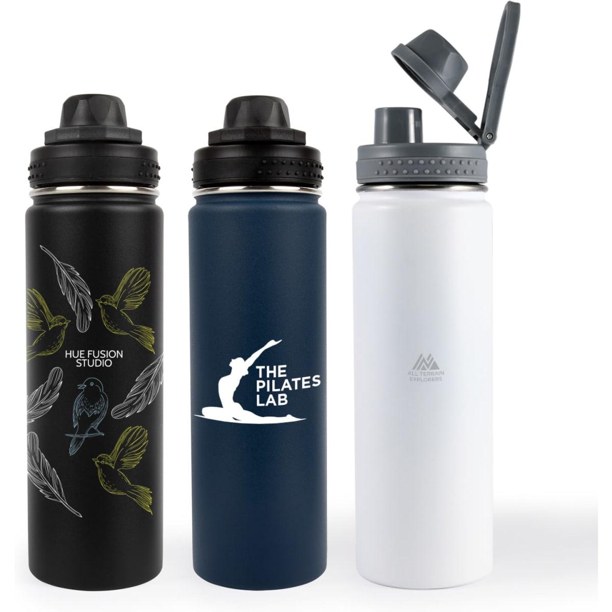 A drink bottle collection featuring a black bottle with colorful bird designs, a navy blue bottle with a logo, and a white bottle.