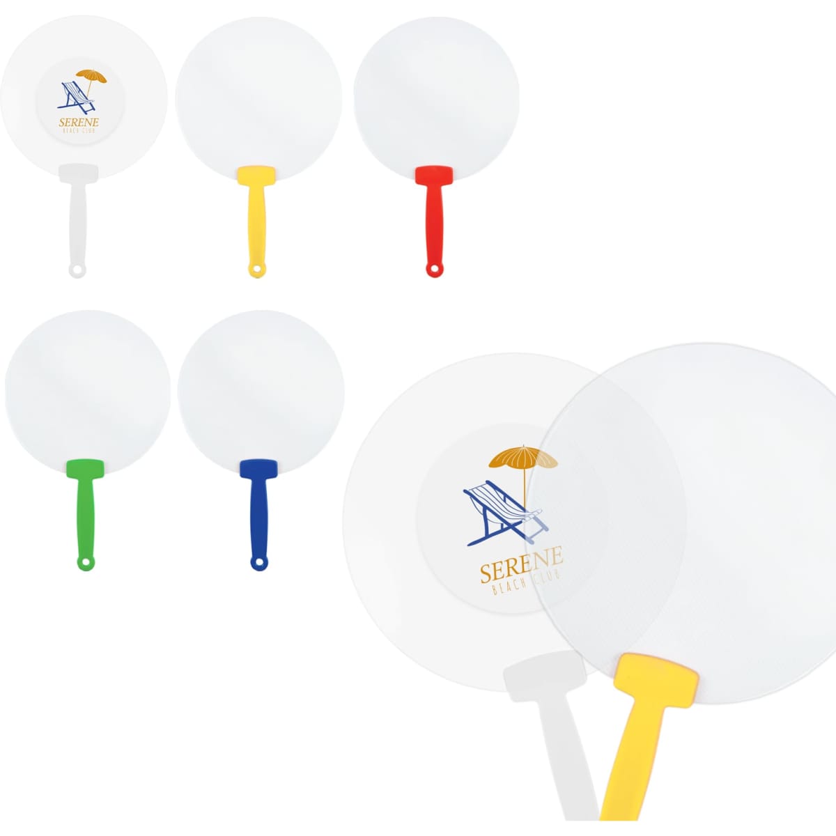 A set of six circular fans with white surfaces and handles in blue, yellow, and red. Each fan features a logo.