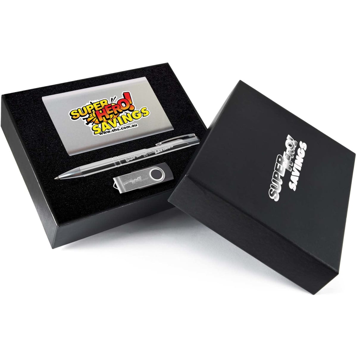 A gift set featuring a pen, a USB drive, and a metallic card, all presented in a black box with branding.