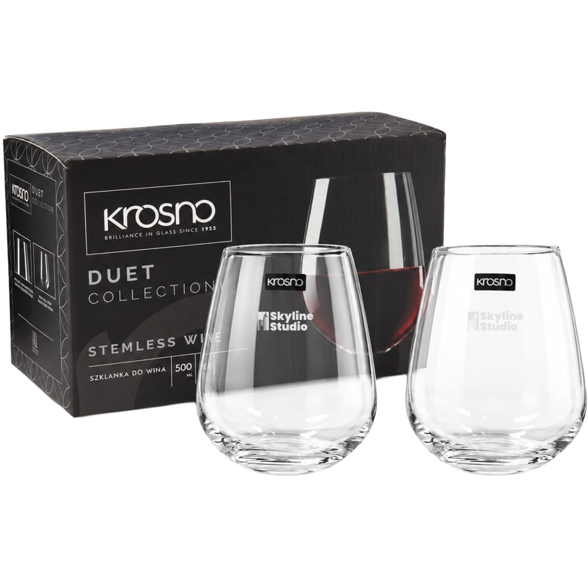 A set of two clear stemless wine glasses is displayed with a black box featuring a logo.