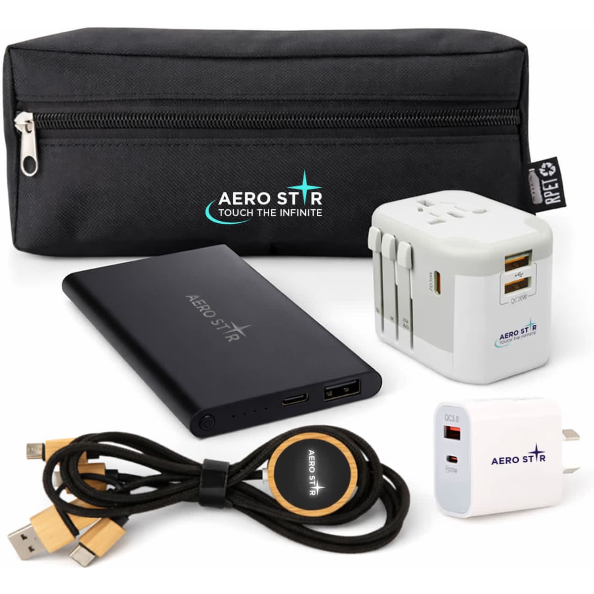 A black zippered pouch containing a portable charger, universal power adaptor, USB cable, and wireless charging pad.