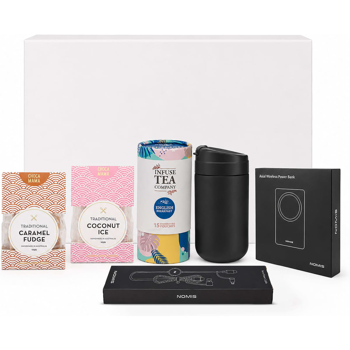 A drink bottle, tea canister, and assorted sweets in pink and black packaging, alongside a power bank, all in an unlabelled box.