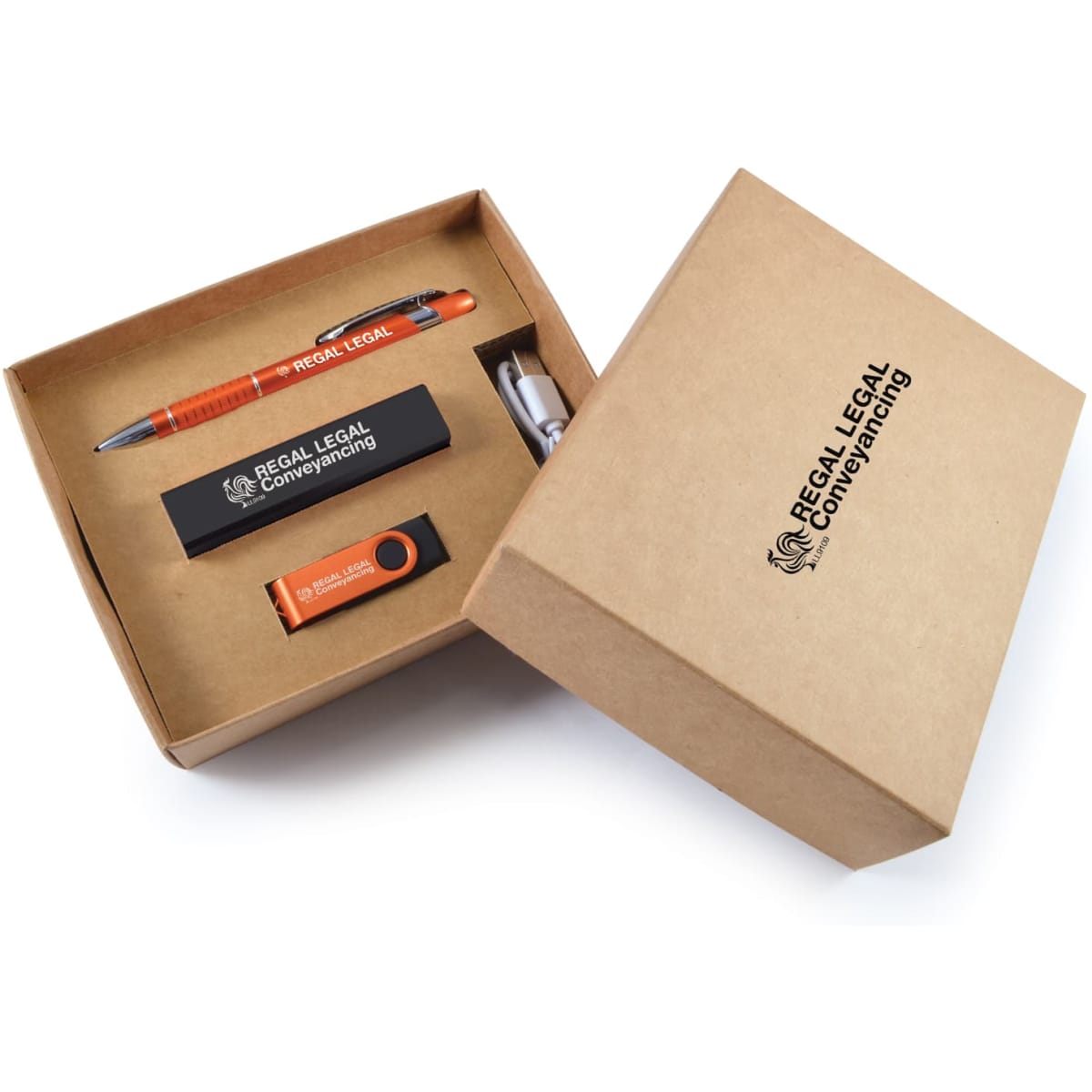 A cardboard gift box containing an orange pen, a USB drive, and a black flash drive, all with branding.