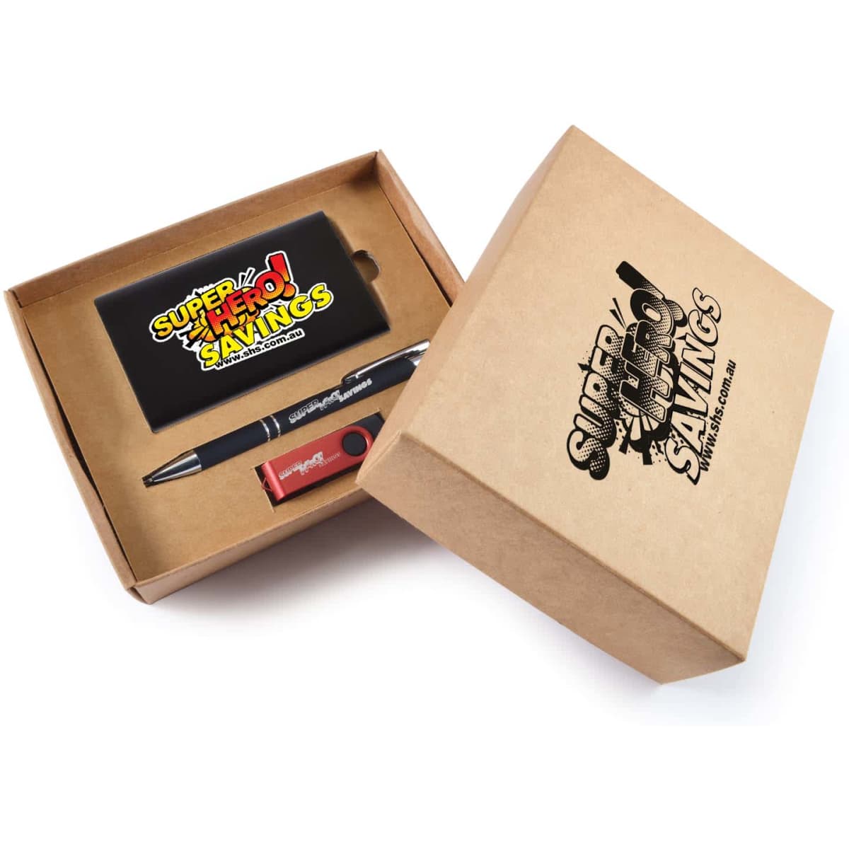 A gift set featuring a notebook, a pen, and a USB drive, all presented in a cardboard box with colorful branding.