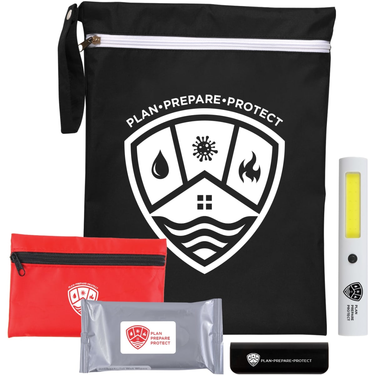 A black pouch contains a flashlight, a red pouch, a silver pack, and a black item, featuring a logo.