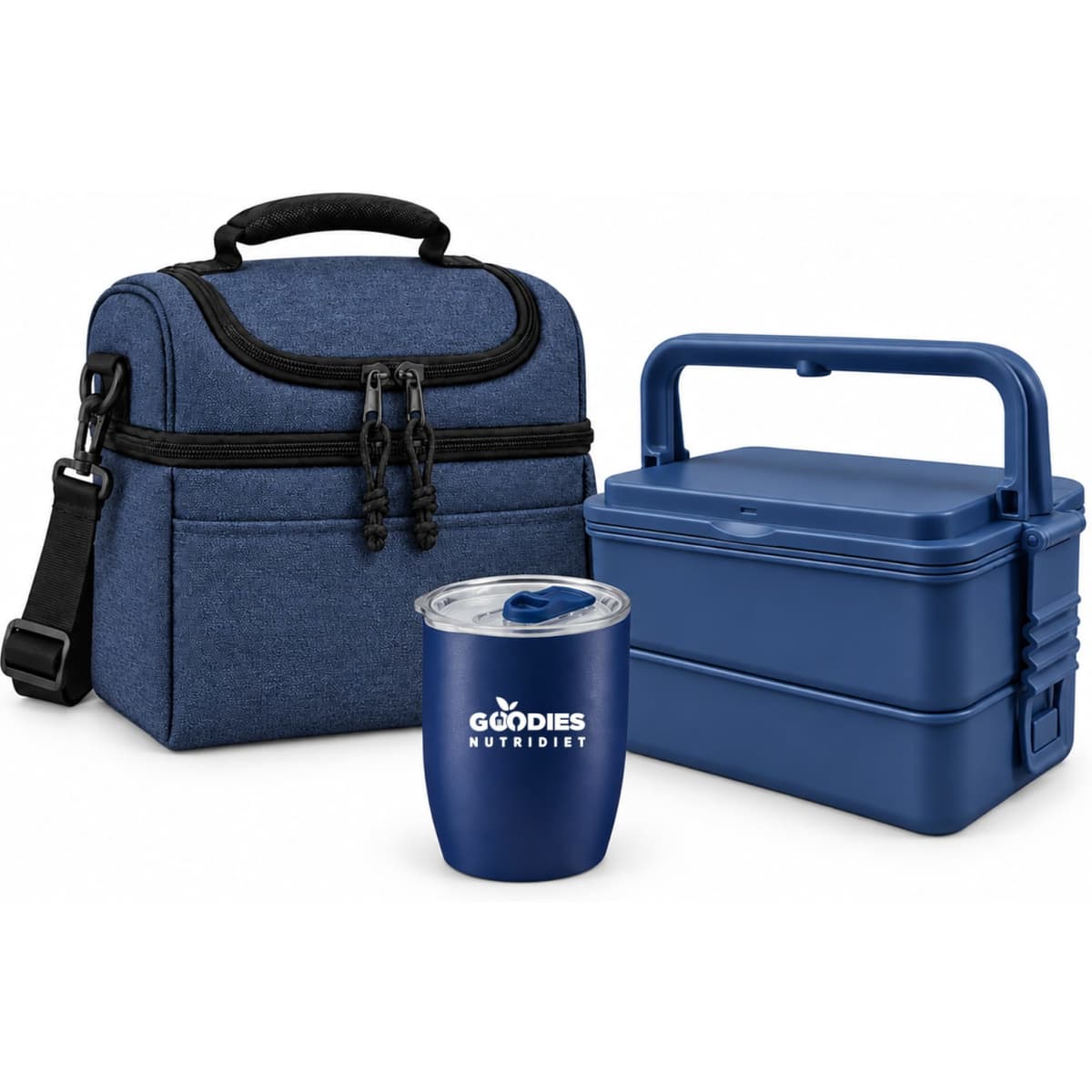 A navy blue lunch bag, a blue container, and a matching drink tumbler, all featuring a logo.