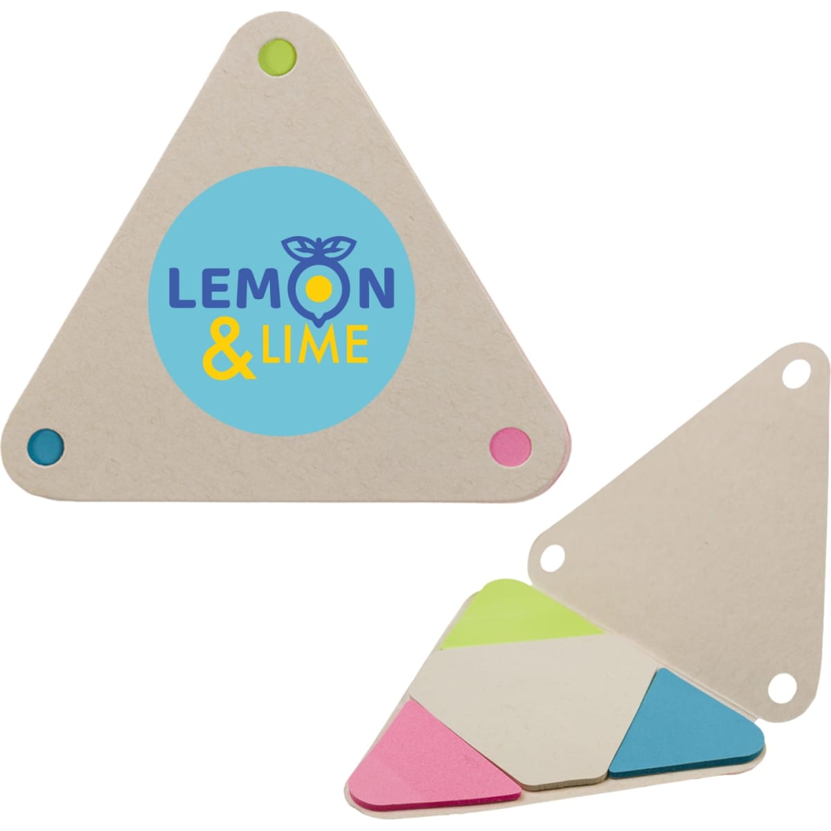 A triangular sticky note holder in beige with colorful sticky notes in pink, green, blue, and a logo on the front.