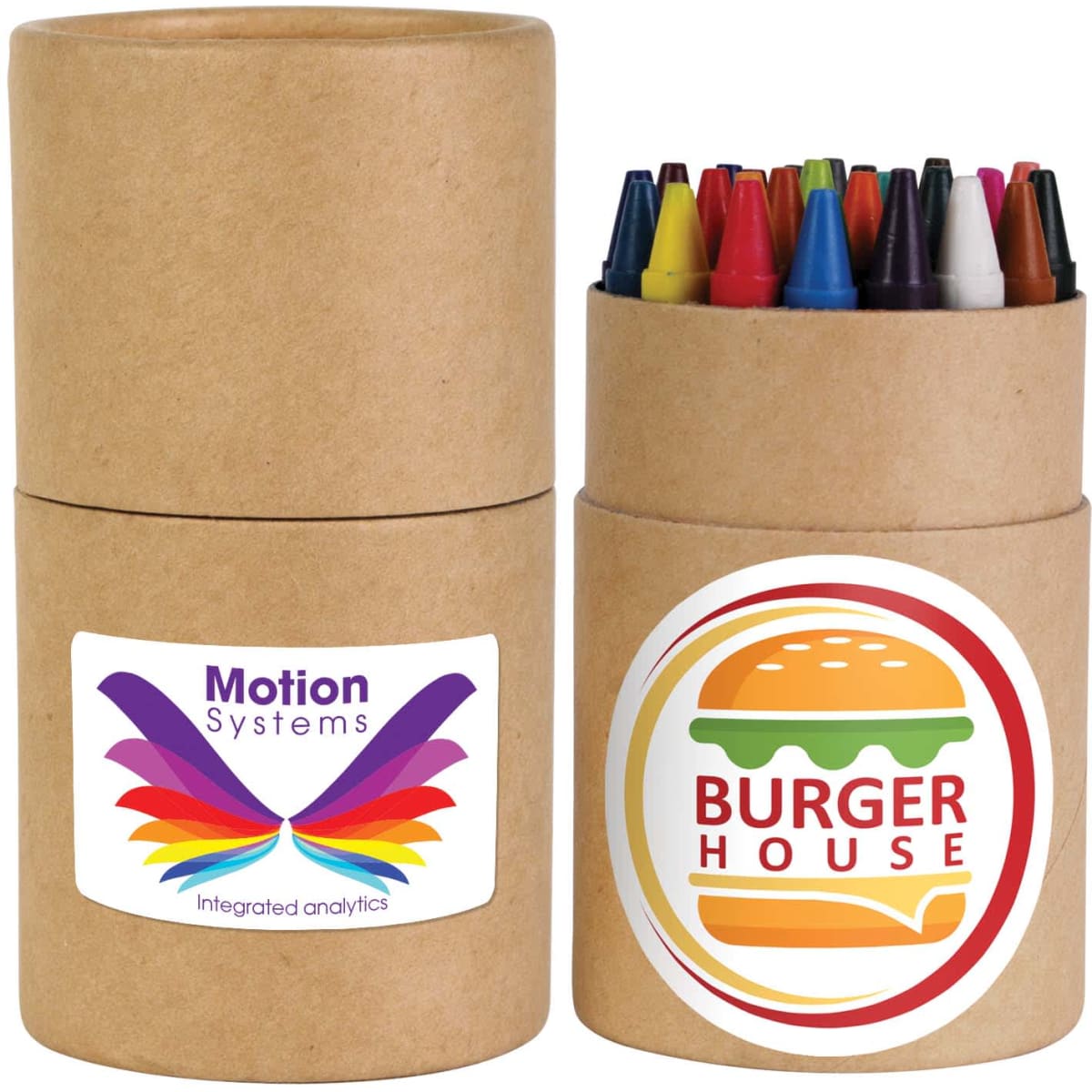 A cylindrical container holds a set of colorful crayon-like writing instruments, with a logo on the side.