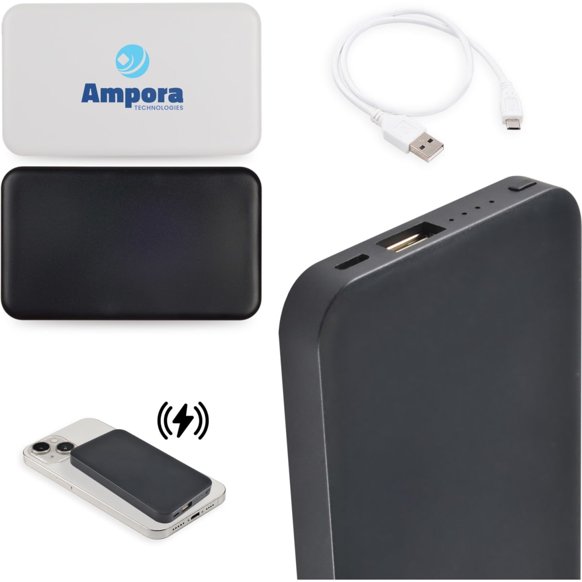 A wireless power bank in black, with a white top panel featuring a logo, accompanied by a charging cable.