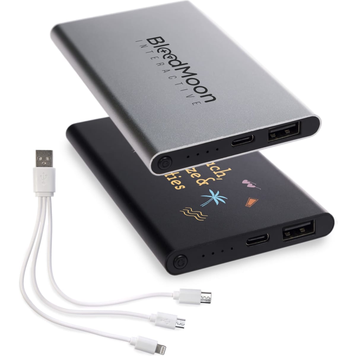 A silver and black power bank with USB ports and a charging cable, featuring a logo and colourful graphics.