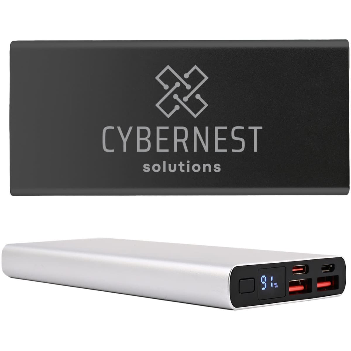 A sleek power bank in black and silver, featuring multiple USB ports and a digital display. Includes a logo.