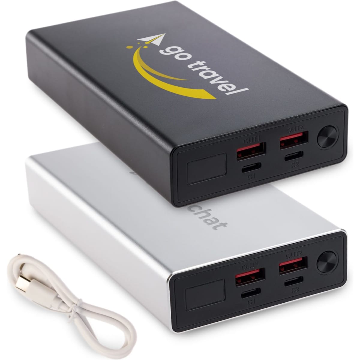 A black and silver power bank featuring two USB ports each, with a charging cable included.