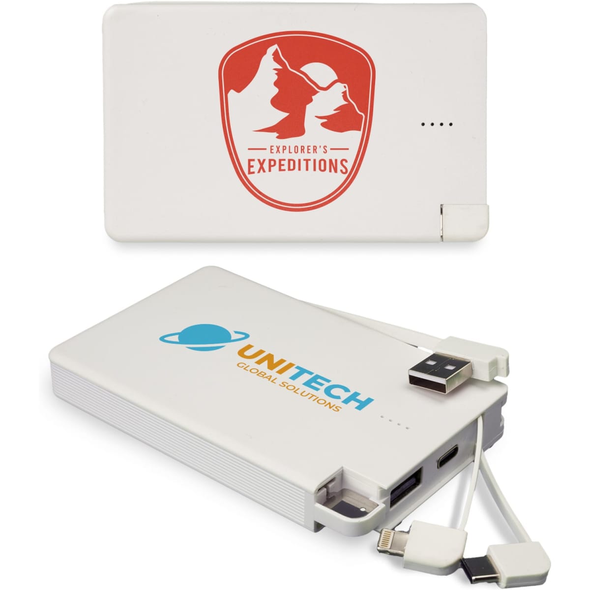 A white power bank with logos, featuring multiple charging cables and a compact design.