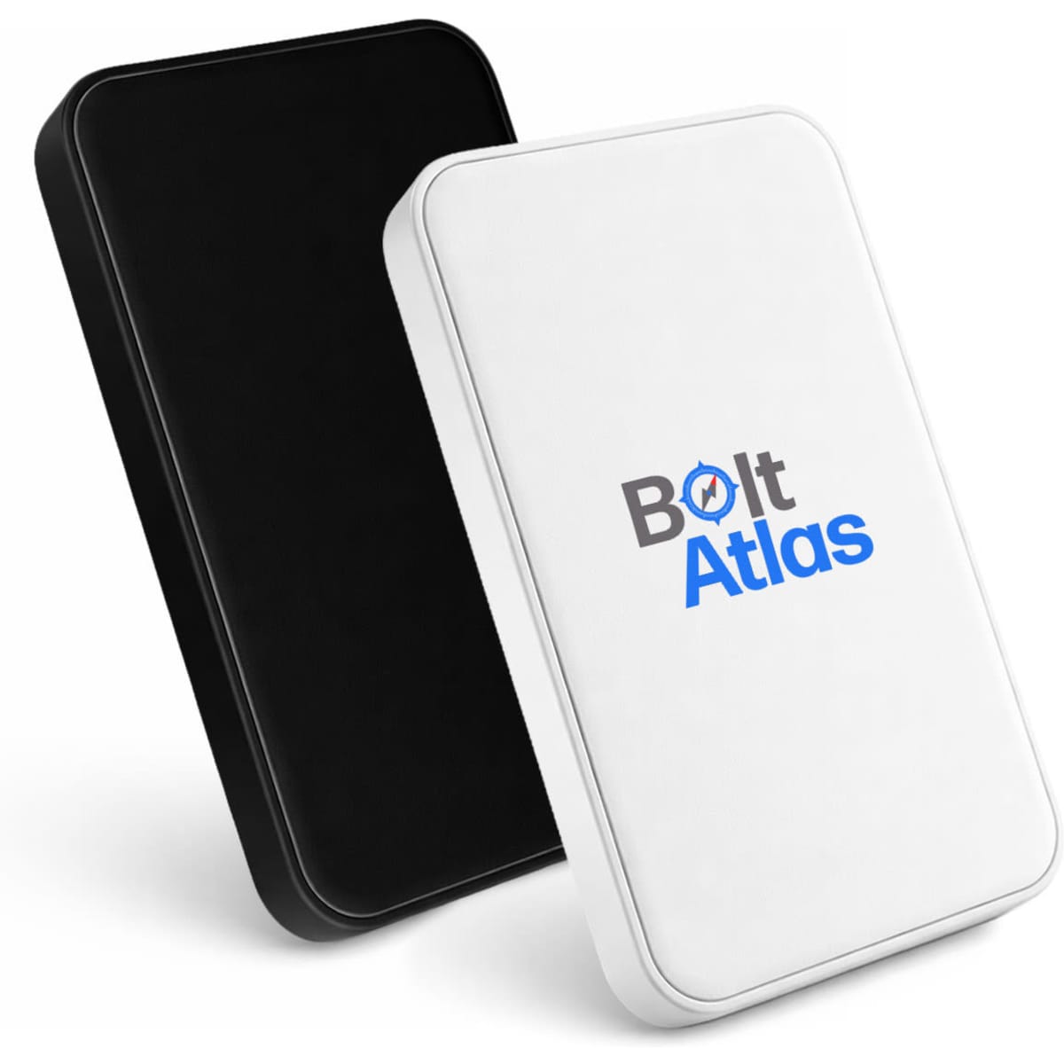A solid state power bank in black and white, featuring a logo on the front.