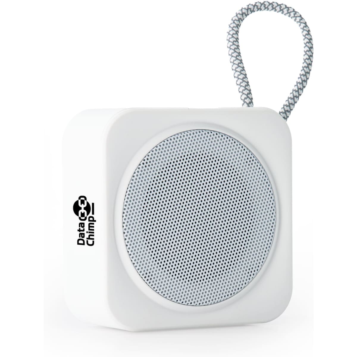 A compact white speaker with a circular grille and a grey loop for hanging, featuring a logo on one side.