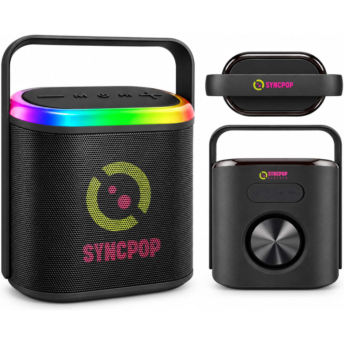 A Bluetooth speaker in black with a colourful light band on top, alongside a smaller black device with a knob, both featuring a logo.
