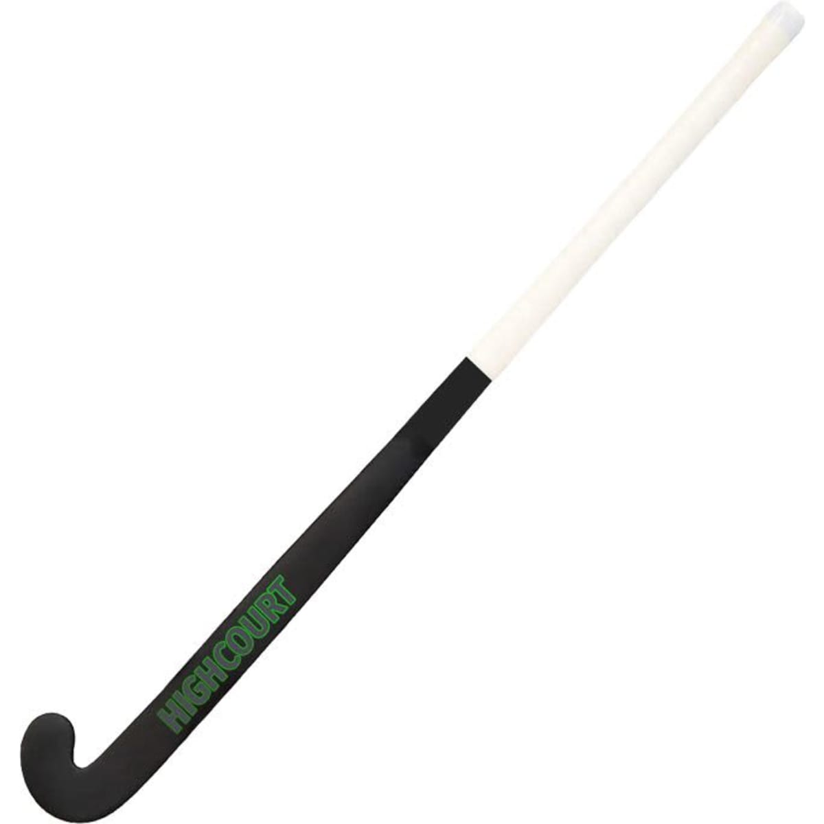 A hockey stick featuring a black and white design with a green logo.
