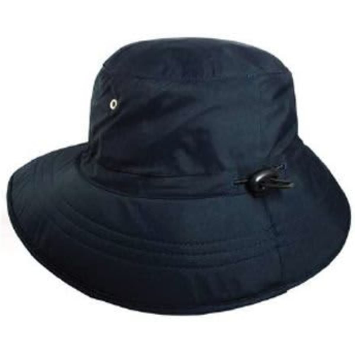 A navy bucket hat featuring a wide brim and an adjustable toggle for a secure fit.